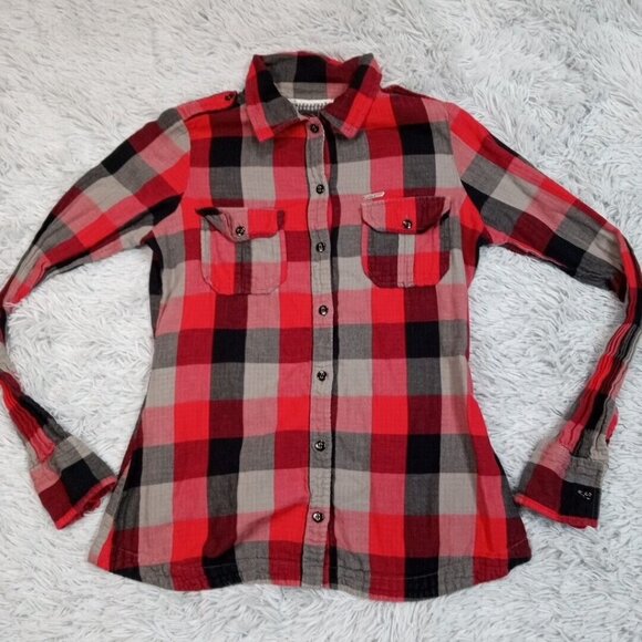 Sims Snowboarding Womens Shirt Red S Plaid Button Up Casual Pockets Comfort Logo - Picture 1 of 12